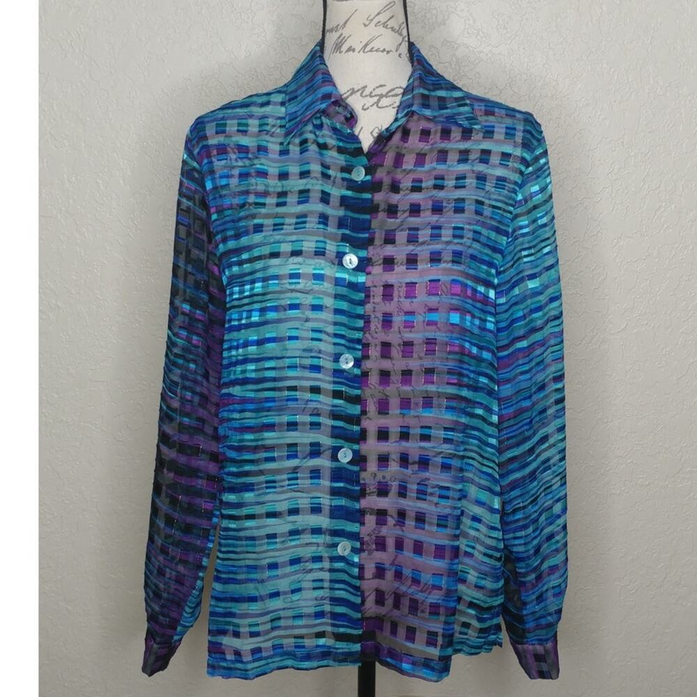 Patchington Multicolored Sheer Button Front Shirt Size Medium